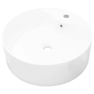 Bazin chiuvetă ceramică baie cu gaură robinet/preaplin, rotund, alb - Img 2