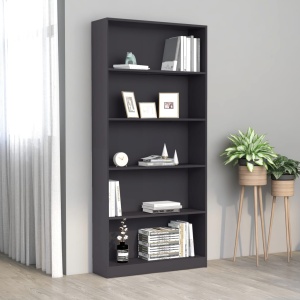 Bibliotecă cu 5 rafturi, gri, 80 x 24 x 175 cm, PAL