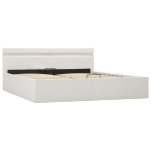 Cadru pat hidraulic cu ladă LED alb 160x200 cm, piele ecologică - Img 4