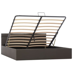Cadru pat hidraulic cu ladă LED gri 180x200 cm piele ecologică - Img 3