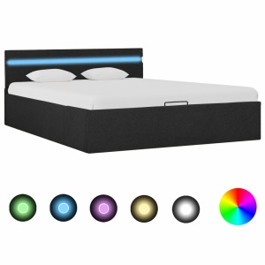 Cadru pat hidraulic cu LED, gri inchis, 140x200 cm, textil