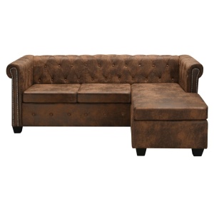 Canapea Chesterfield formă L, piele intoarsă artificială, maro - Img 2