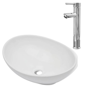 Chiuvetă de baie cu robinet mixer, ceramică, oval, alb - Img 2
