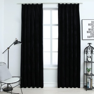 Draperii opace cu cârlige, 2 buc., negru, 140x175 cm, catifea