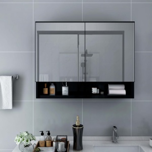 Dulap de baie cu oglindă și LED-uri, negru 80 x 15 x 60 cm MDF