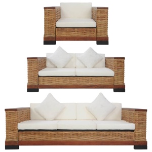Set canapele cu perne, 3 piese, maro, ratan natural