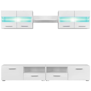 Set comodă TV de perete, 5 piese, lumini LED, alb lucios - Img 7