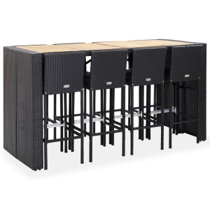 Set de bar exterior, 9 piese, negru, poliratan și lemn acacia - Img 2