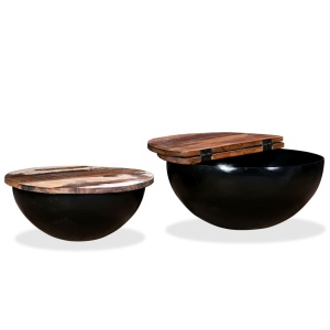 Set măsuțe cafea 2 piese, lemn masiv reciclat, negru, formă bol - Img 3