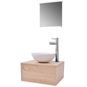 Set mobilier baie 4 piese cu chiuvetă și robinet incluse, Bej - Img 2
