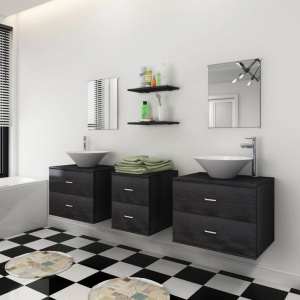 Set mobilier baie format din 7 piese cu chiuvete incluse, Negru - Img 3