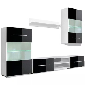 Set mobilier comodă TV de perete, 5 piese, iluminare LED, negru - Img 2
