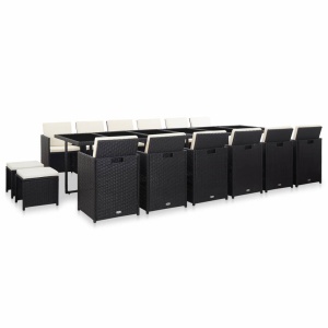 Set mobilier de exterior cu perne, 17 piese, negru, poliratan