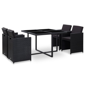 Set mobilier de exterior cu perne, 5 piese, negru, poliratan
