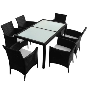Set mobilier de exterior cu perne, 7 piese, negru, poliratan - Img 2