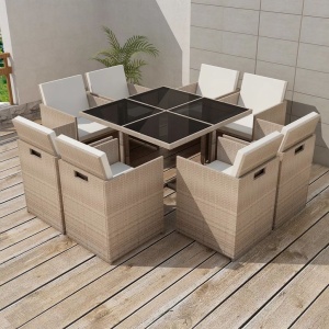 Set mobilier de exterior cu perne, 9 piese, bej, poliratan