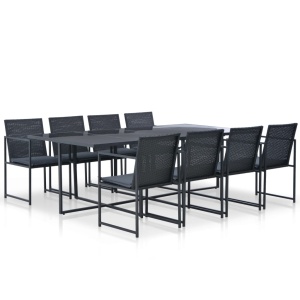 Set mobilier de exterior cu perne, 9 piese, negru, poliratan