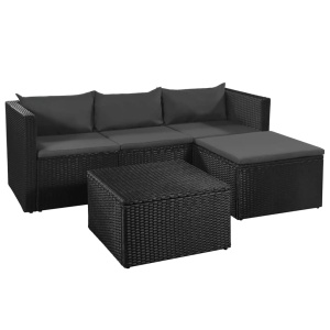 Set mobilier de grădină, 3 piese, negru &amp; gri, poliratan