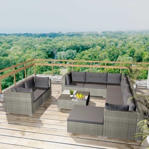 Set mobilier de grădină cu perne, 10 piese, gri, poliratan