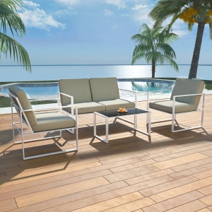 Set mobilier de grădină cu perne, 4 piese, alb, oțel