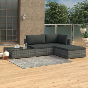Set mobilier de grădină cu perne, 4 piese, gri, poliratan