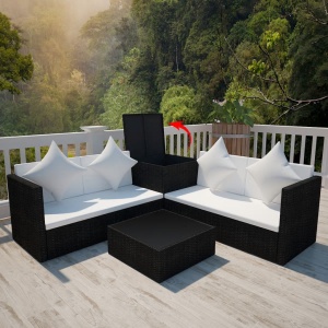 Set mobilier de grădină cu perne, 4 piese, negru, poliratan - Img 3