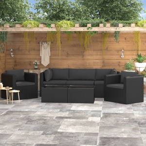 Set mobilier de grădină cu perne, 7 piese, negru, poliratan