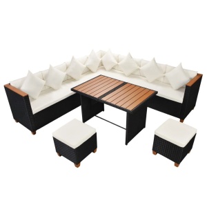 Set mobilier de grădină cu perne, 7 piese, negru, poliratan - Img 2
