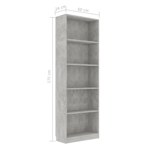 Bibliotecă cu 5 rafturi, gri beton, 60 x 24 x 175 cm, PAL - Img 5