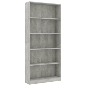 Bibliotecă cu 5 rafturi, gri beton, 80 x 24 x 175 cm, PAL - Img 2