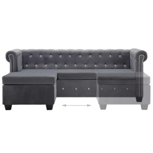 Canapea Chesterfield, formă L, catifea, 199 x 142 x 72 cm, gri - Img 5
