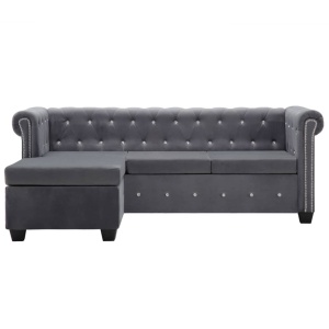 Canapea Chesterfield, formă L, catifea, 199 x 142 x 72 cm, gri - Img 8