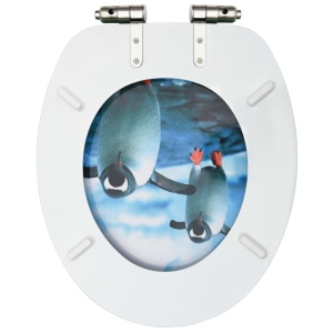 Capac WC cu inchidere silențioasă, MDF, model pinguini - Img 5