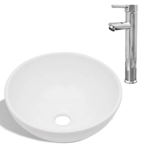 Chiuvetă de baie cu robinet mixer, ceramică, rotund, alb - Img 2