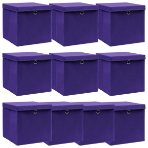 Cutii depozitare cu capace, 10 buc., violet, 32x32x32cm, textil