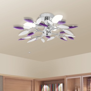 Lustră cristale acrilice formă de frunze albe și violet pt becuri E14
