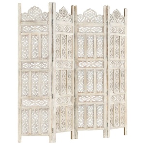 Paravan cameră sculptat manual 4 panouri alb 160x165 cm mango - Img 7
