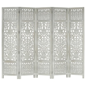 Paravan cameră sculptat manual 5 panouri gri 200x165 cm mango - Img 2