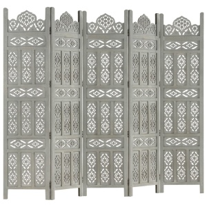 Paravan cameră sculptat manual 5 panouri gri 200x165 cm mango - Img 5