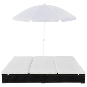 Pat șezlong de exterior cu umbrelă, negru, poliratan - Img 2