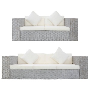Set de canapea cu perne, 2 piese, gri, ratan natural