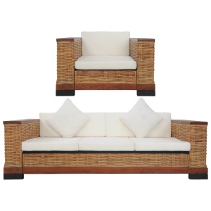 Set de canapele cu perne, 2 piese, maro, ratan natural