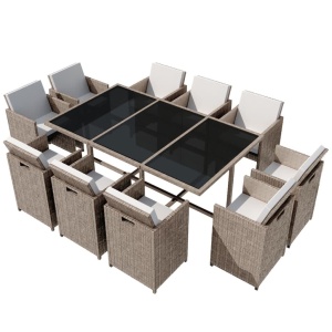 Set mobilier de exterior cu perne, 11 piese, bej, poliratan - Img 2