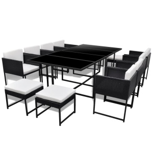 Set mobilier de exterior cu perne, 13 piese, negru, poliratan - Img 2