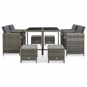 Set mobilier de exterior cu perne, 9 piese, gri, poliratan - Img 2