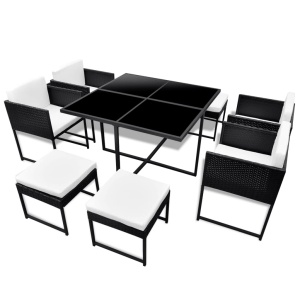 Set mobilier de exterior cu perne, 9 piese, negru, poliratan - Img 2