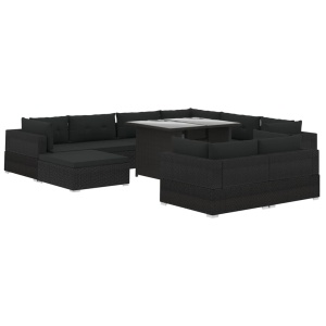 Set mobilier de grădină cu perne, 10 piese, negru, poliratan - Img 2