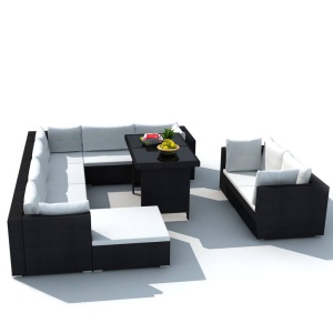 Set mobilier de grădină cu perne, 10 piese, negru, poliratan - Img 3