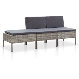 Set mobilier de grădină cu perne, 3 piese, gri, poliratan