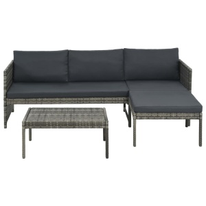 Set mobilier de grădină cu perne, 3 piese, gri, poliratan - Img 2